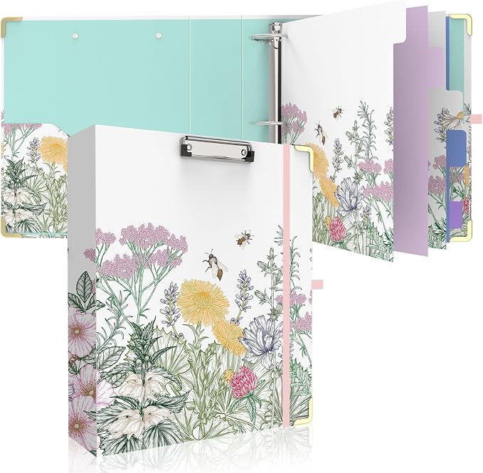 3 Ring Binder 2 Inch, Round Ring Binders with 6 Tab Dividers, 2 Interior Storage Pockets, Cute Low Profile Clipboard, Fashion School Office Supplies, Folders Organizer, Portfolio (Wild Flowers)