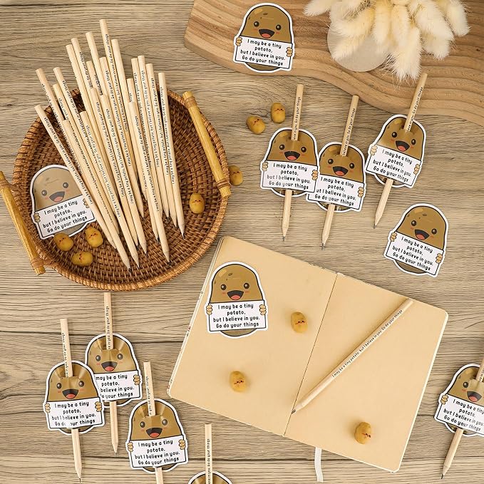Jetec 100 Sets Inspirational Potato Pencil with Erasers and Thank You Card