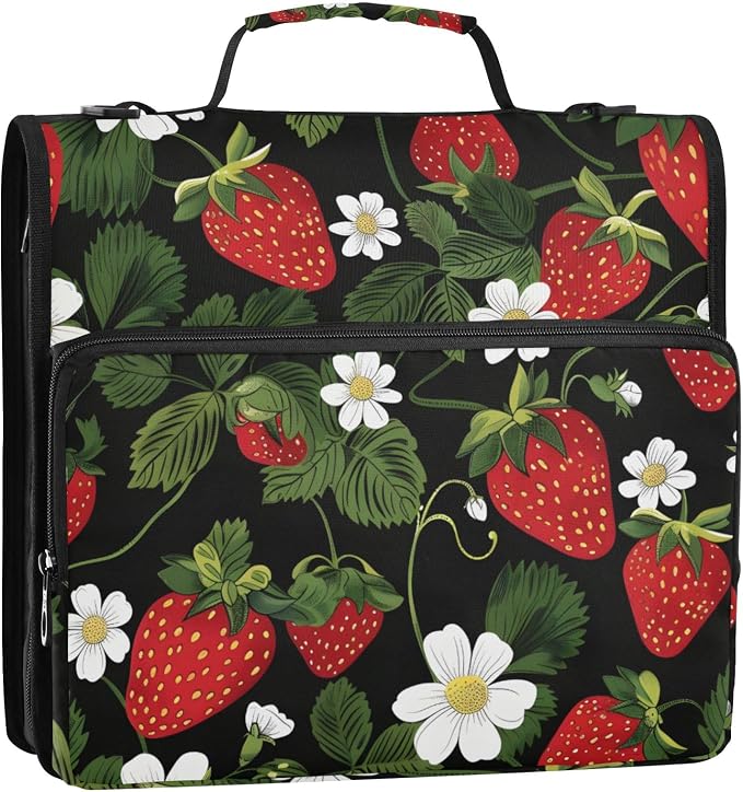 Strawberry Fruit Flower 3 Ring Zipper Binder Bag Binder Organizer with Handle Shoulder Strap for School Work Office Supplies
