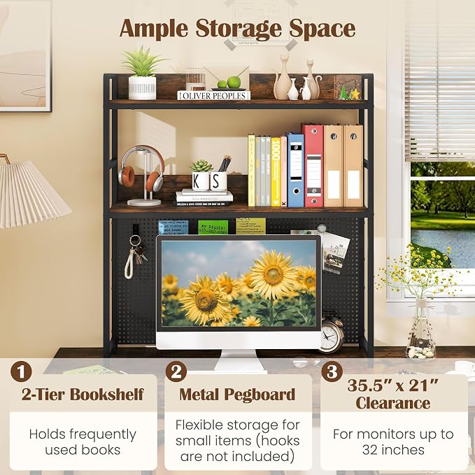 Giantex Desktop Bookshelf, 2-Tier Desk Hutch Dorm with Pegboard for up to 32" Computer Monitor, Industrial Countertop Storage Organizer Rack, Desk Shelf for Home Office, Rustic Brown