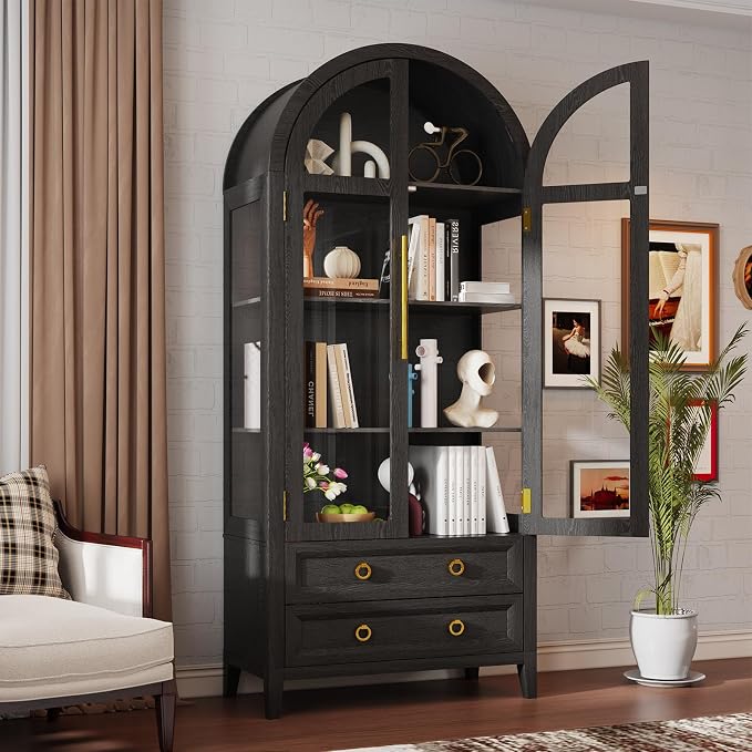 Arched Curio Cabinet with Glass Doors, 4-Tier Display Cabinet with 2 Drawers, Tall Bookcase with 3 Color Lights, Display Case, Kitchen Pantry (Black)
