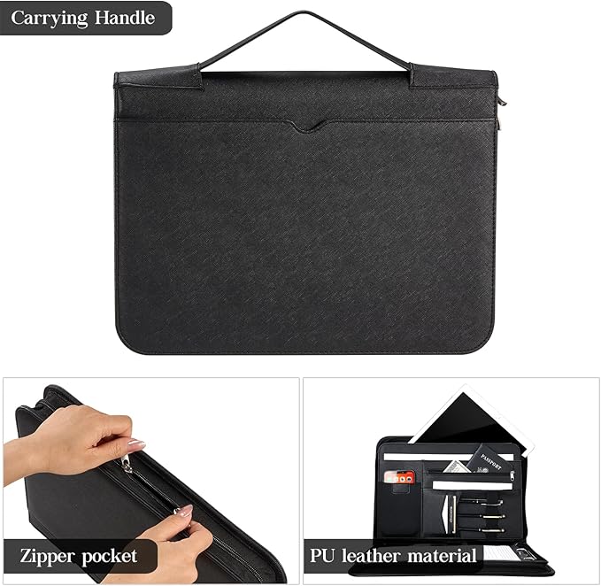 ProCase Portfolio Business Padfolio Folder with Handle and Zipper, Conference Meeting Executive File Legal Document Organizer with Pockets Letter Size A4 Writing Pad Notepad Padfolio -Allblack