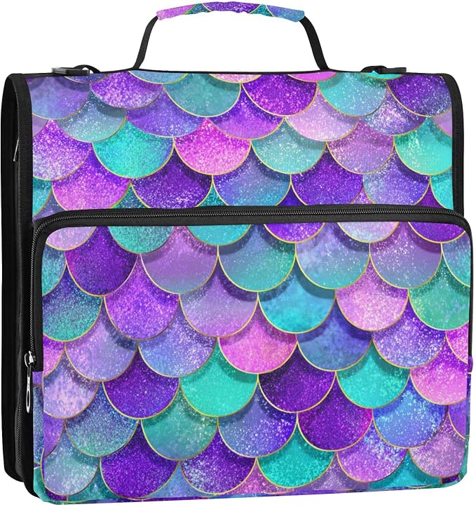 Pink Blue Purple Mermaid Scales 3 Ring Binder Bag 1.5 inch Binder Organizer with Zipper Shoulder Strap 500 Sheet Documents Storage for School Office