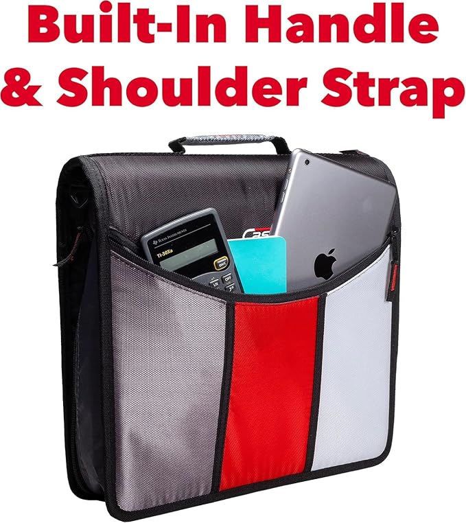 Case-it School Zipper Binder | 3" O-Rings | 600-Sheet | D-156-N Jet Black | Mighty Zip Tab, 5-Color Tab Expanding File Folder, Multiple Pockets, Shoulder Strap, Office