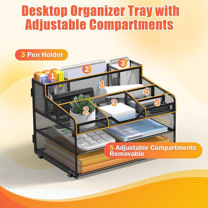 Docnest 3 Tier Mesh Desk Organizer with Letter Tray & Paper Sorter, Black | Features 3 built-in pen holders & 5 adjustable compartments on top. Includes 4 non-slip rubber feet for desk protection