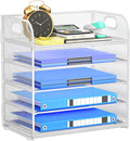5-Tier Stackable Paper Organizer with Handle, White | Metal Mesh Desk Organizer Letter Tray, Office Storage & Organization for Home, School & Workplace
