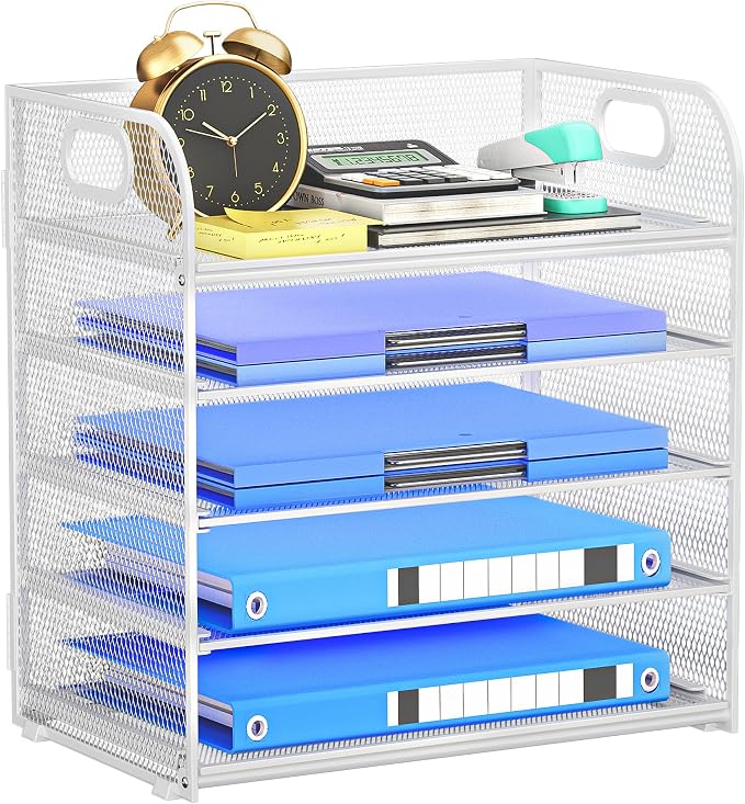 5-Tier Stackable Paper Organizer with Handle, White | Metal Mesh Desk Organizer Letter Tray, Office Storage & Organization for Home, School & Workplace