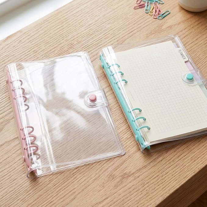 A5 Binder 6 Ring, Clear PVC Notebook Cover, Refillable Planner | Loose Leaf Budget Binder with Snap Button Closure, Round Ring Binder for School Office Home, 2 Pack, Blue and Pink