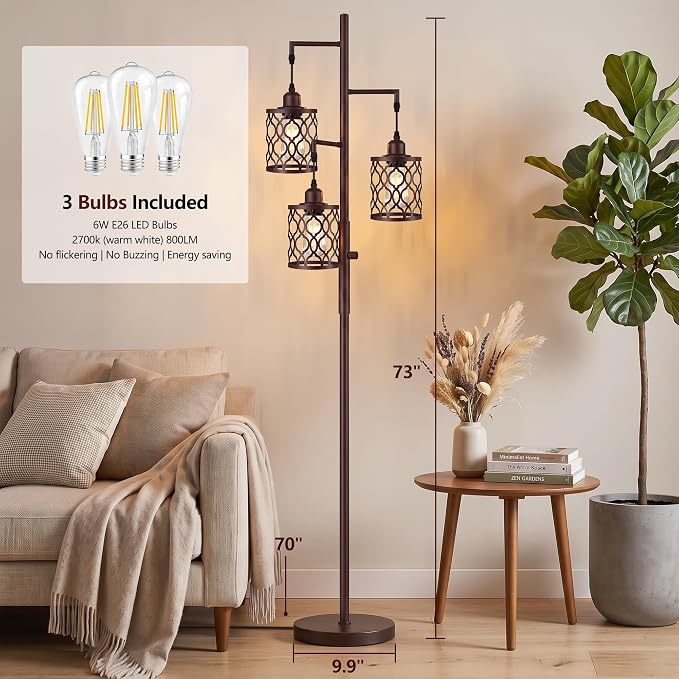 73" Dimmable Farmhouse floor lamps for living room, Industrial Tree Floor Lamp with 3 X 6W LED Bulbs, Stepless Dimming, Metal Cage Shades, 3 Light Rustic Standing Tall Lamp for Bedroom, Office, Brown