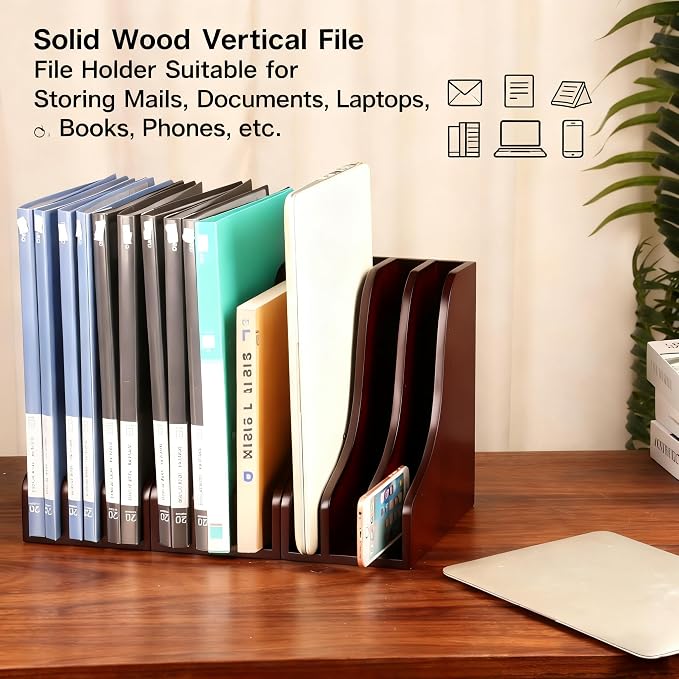 Solid Wood Vertical File Organizer, No Assembly Desk Mail Document Holder | Multifunctional Paper Mail Organizer for Office & Home, Custom Wooden Magazine File Holder for Books Binders Laptops, Desktop