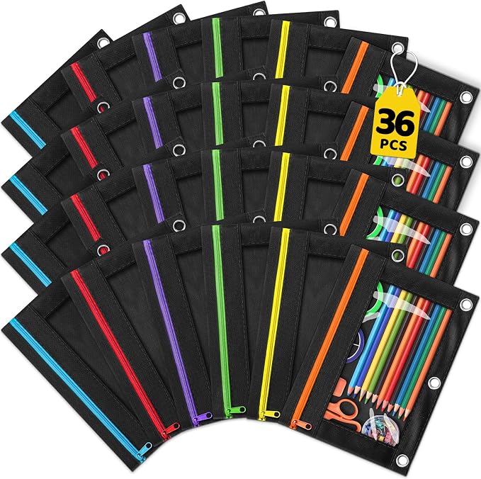 36 Pack Pencil Pouch for 3 Ring Binder Set in 6 Assorted Colors, Clear Window Heavy-Duty Fabric Pencil Case Pouch, Multi-Color Zipper Pencil Bags for Classroom and Office School Supplies