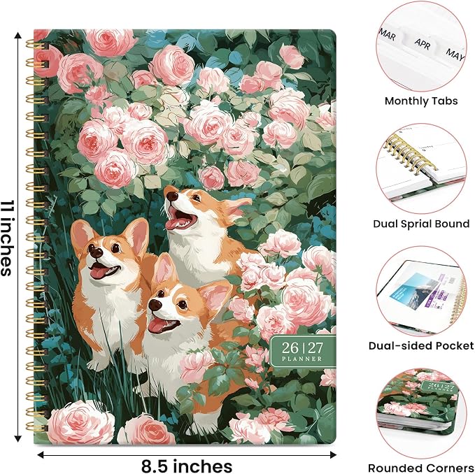 Planner 2026-2027, Academic Year Monthly & Weekly Planner Caledndar, July 2026 - June 2027, Hardcover Large Planning Agenda Book with Tabs for School Office Supplies, 8.5" x 11" - Corgi Reverie