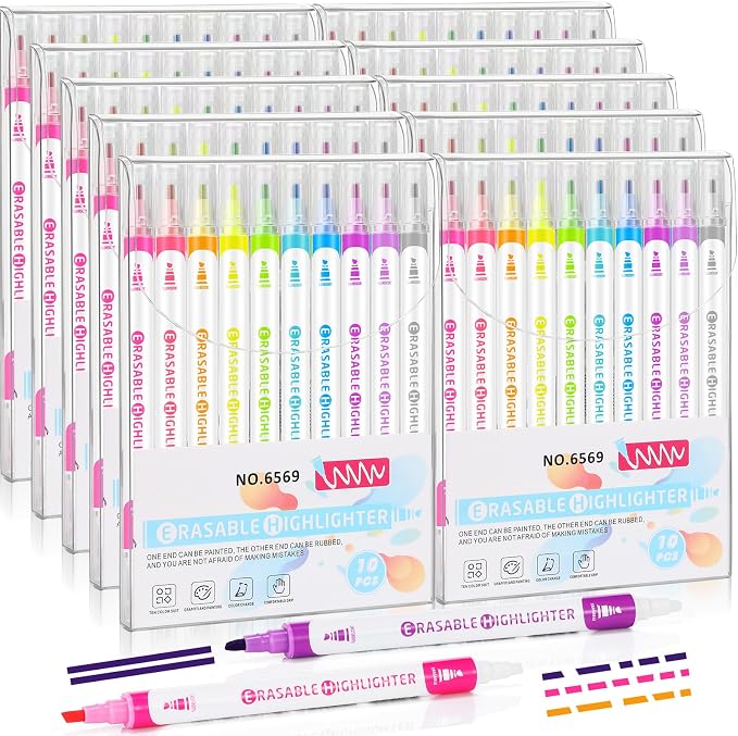 Zhehao 100 Pcs Erasable Highlighters Set, 10 Assorted Pastel Colors