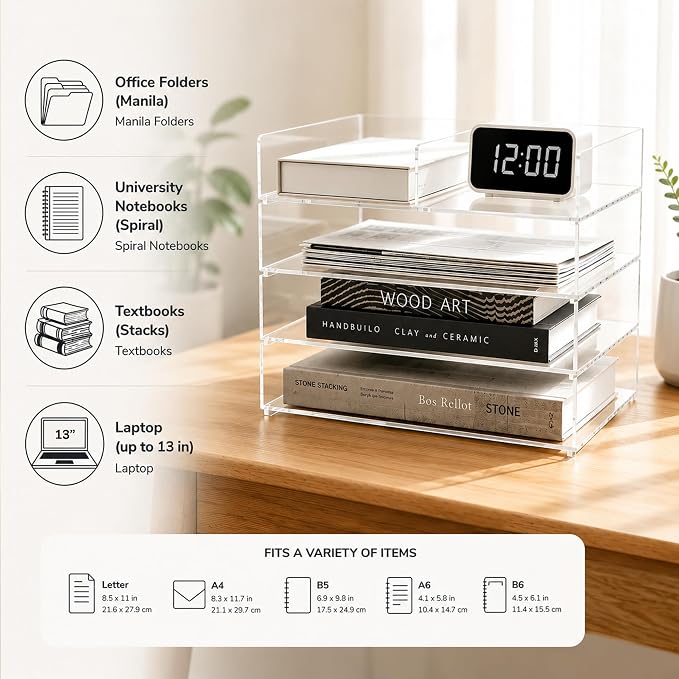 4-Tier Paper Tray Organizer Extra Large - Stackable Acrylic Desk Organizer | clear document sorter, vertical file holders, letter storage, workspace accessories, home, office, school, teachers, students