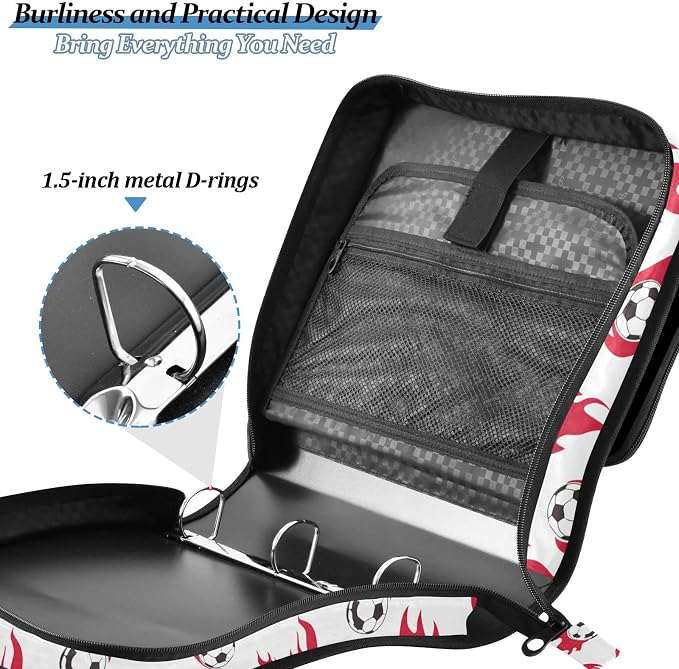 Aslsiy Zipper Binder Bag for Girls Boys Soccer Balls Red Flame Kids 1.5 inch 3-Ring Binder Organizer with Shoulder Strap for School Office Supplies