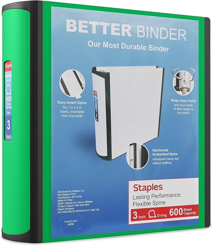 Staples Better Binder, 3 Inch D-Ring, Green, 600 Sheets, 2-Pack | Reinforced spine for durable organization in office, school, or presentations.