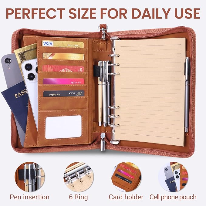 A5 Binder 6 Ring with Zipper, Portable Planner for Travel & Study | Faux leather A5 planner with detachable 6 rings, lined pages, pouches, card slots and pen holder for daily use.