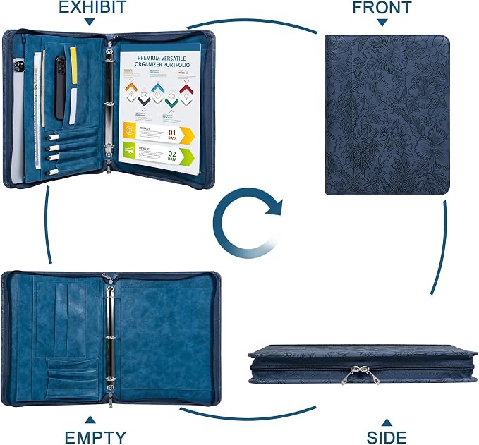 Dark Blue Embossed Vegan Leather Portfolio for Women, 3 Ring Portfolio Binder with Zipper, A4 Planner Binder with Laptop Pocket, Padfolio Legal Size,WorkBinder Organizer for Women