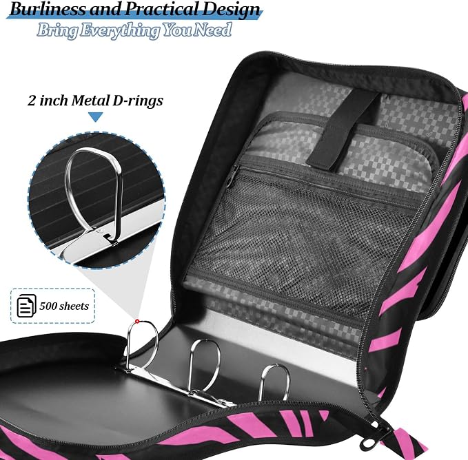 Fisyme Pinks Zebra Print Zipper Binder 3 Ring with Zipper and Shoulder Strap Large Capacity Multi-Pocket Binder Organizer