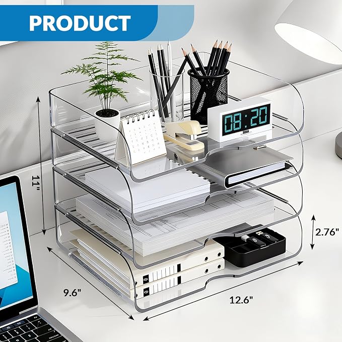 4-Tier Horizontal Acrylic Paper Organizer for A4/Letter Documents | Large Capacity Acrylic File Organizer for Notebooks & Stationery, Sturdy Desk Accessory Suitable for Office, Home and Study