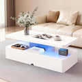 47" Modern LED Coffee Table, 2 Tier Rectangular Center Table with 16 Colors Lights & Large Storage Space, High Glossy Wooden Tea Table for Living Room, Bedroom, Home Office, White