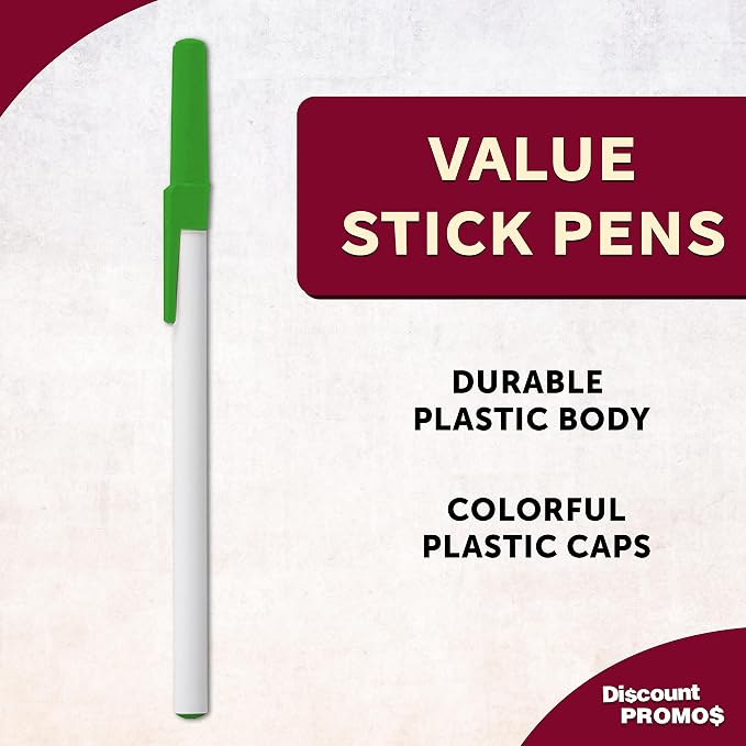 DISCOUNT PROMOS Value Stick Pens Set of 10, Bulk Pack - Black Ink, Great for Office, School, Business, Tradeshows, Events - Green