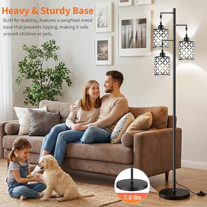 Dimmable Floor Lamp, Farmhouse Standing Lamp with Elegant Metal Cage, Industrial Tall Tree Floor Lamps for Living Room Bedroom Study Office with Remote & 3 x 800LM 9W LED Bulbs - 72", Black