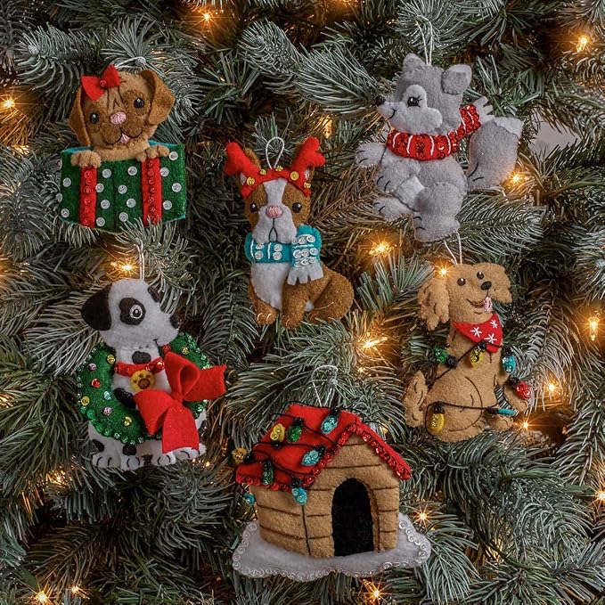 Bucilla, Christmas Dogs, Felt Applique Ornament Kit, Set of 6 (89283E)