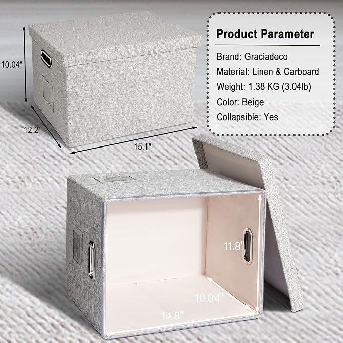 Storage Bins With Lids Office Organization File Folder Organizer Boxes | Beige, 2 Pack, 15.1" * 12.2" * 10.04", Built-In Handle, Collapsible, Stackable, Dustproof, Linen Fabric, Cardboards