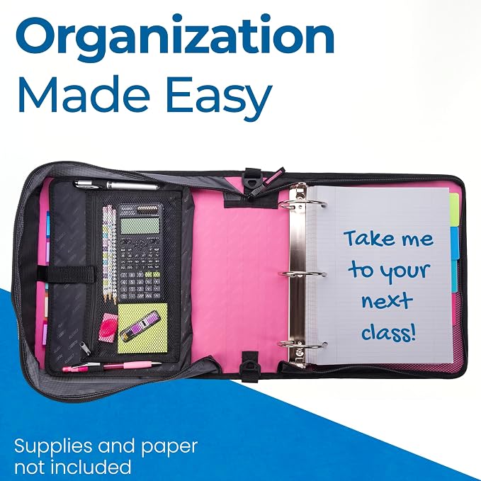 Case-it School Zipper Binder | 3" O-Rings | 600-Sheet | D-146 Light Pink | Mighty Zip Tab, 5-Color Tab Expanding File Folder, Shoulder Strap, Handle, Office