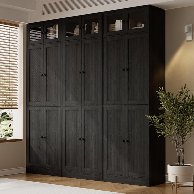 TUSY 85.5" Modern Tall Bookcase with Glass Doors, 7-Tier Wood Bookshelf with Storage for Home Office, Large Curio Cabinet for Living Room, Office, Bedroom, Family Room (Black, CCC)