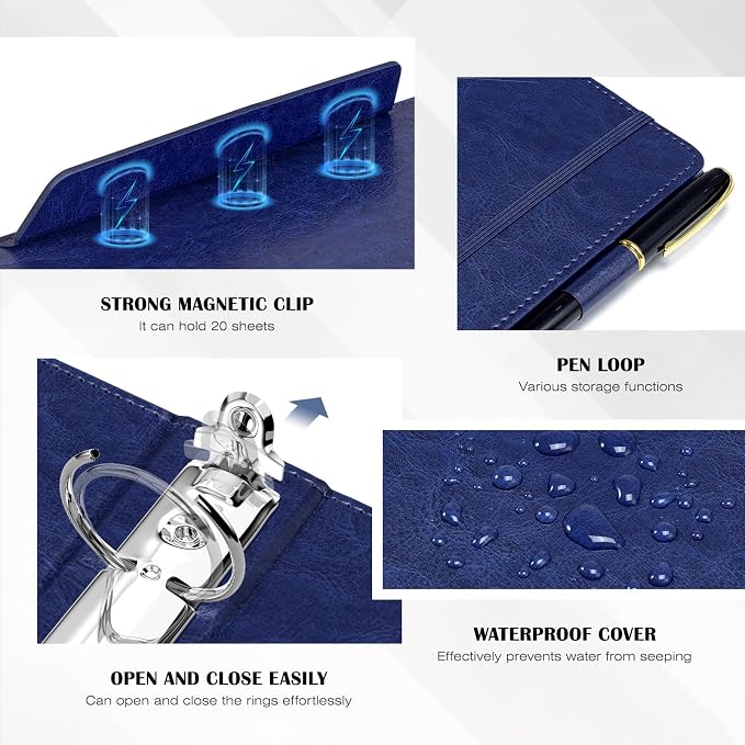 Ospelelf 3 Ring Clipboard Binder with Storage Pouch, 1 Inch Round Ring, Leather Magnetic Clipboard Folder with Notepad (11" x 8.5"), 5 Dividers with 10 Pockets, School Office Binder, Navy Blue