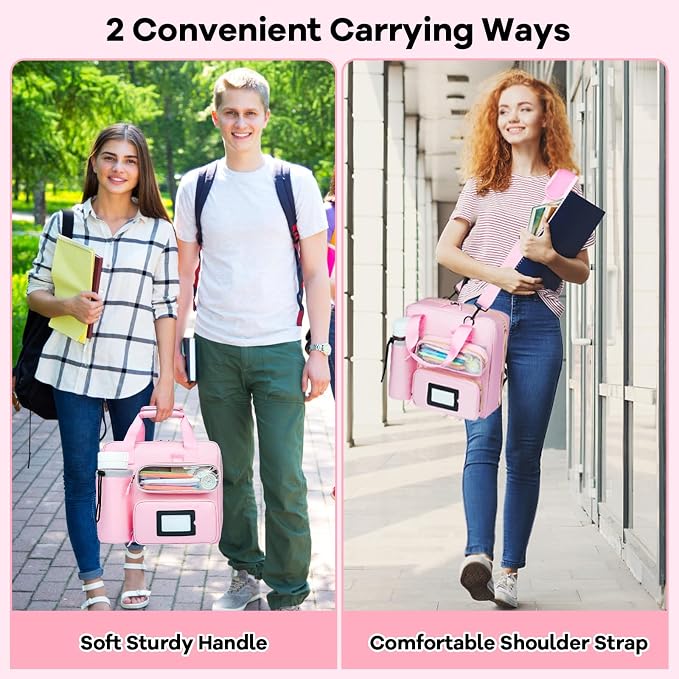 3 Inch D-Ring Zipper Binder Bag, 700 Sheet Capacity Multi-Pockets Organizer, 13 Inch Laptop Carrying Case with Bottle Holder& Shoulder Strap for School Office (Pink)