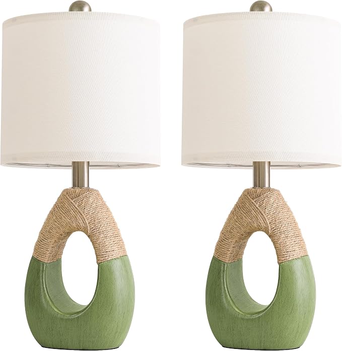19" Table Lamps Set of 2, Bedside Lamps for Living Room, Lamps for Bedroom, Farmhouse Rattan Table Lamp, Small Space Nightstand Lighting, Rustic Home Office Decor (Green, Bulb Not Included)