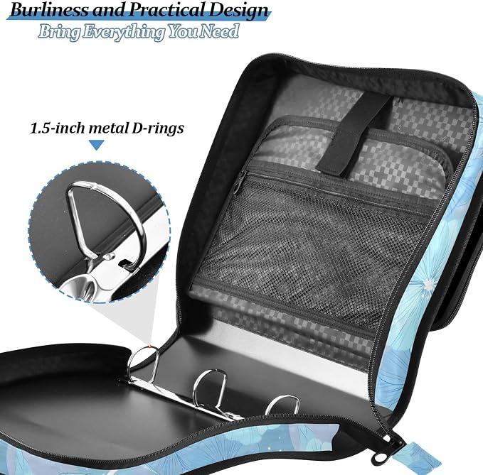 3 D-Ring Zipper Binder Bag, Light Blue Flowers Hibiscus Pattern Removable Binder with Zipper Case Hold 700+ Sheets& 13 Inch Laptop for School Office Supplies Organizer