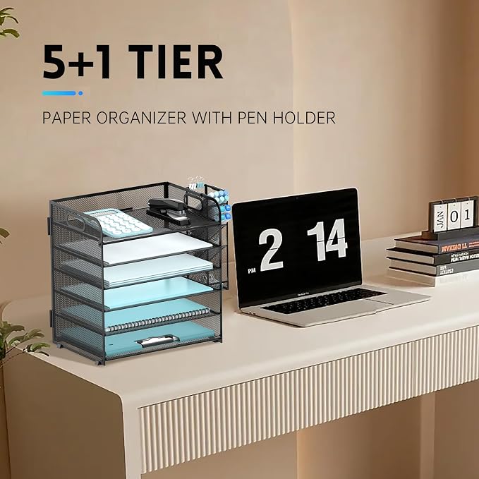 6 Tier Desk Organizer with 4 Pen Holders and Mesh Paper Trays Black | 6 Tiers Paper Organizer, File Organizer Letter Tray with Handle for A4 Files, Folders, Mail and Office Supplies
