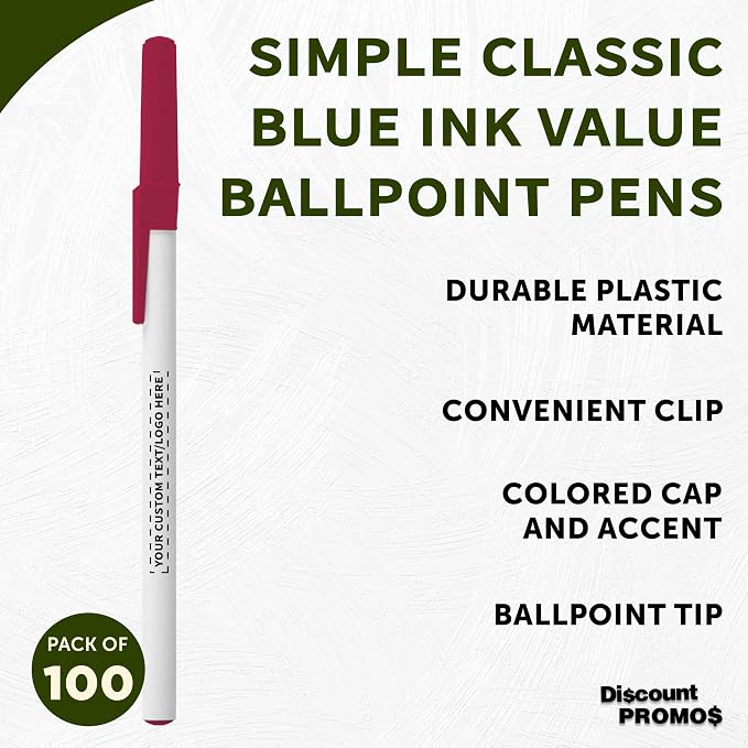 DISCOUNT PROMOS Custom Value Stick Pens Set of 100, Personalized Bulk Pack - Blue Ink, Great for Office, School, Business, Tradeshows, Events - Burgundy Cap