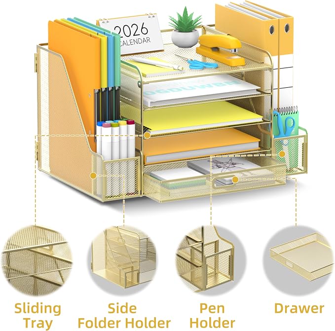 Mesh Desk Organizer with File Holder, 5-Tier Paper Letter Tray Organizer with Magazine Holder, Desktop Organizer and Storage with Drawer for Office Supplies Home or School (Golden) | Two side magazine holders and a bottom drawer store papers, folders, ...