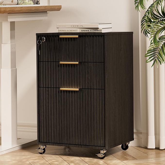 3 Drawers Fluted Mobile File Cabinet with Lock, Rolling File Cabinet Printer Stand Table, Under Desk Wooden Filing Cabinets for Home Office Essentials Storage Organization Furniture Letters/A4(Black)