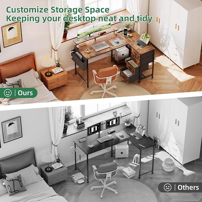 VERMESS 47" Reversible L Shaped Gaming Computer Desk, Corner Desk with Power Outlets & Monitor Stand, Writing Study Table with 4 Storage Drawers, Desk with LED Lights, Rustic Brown