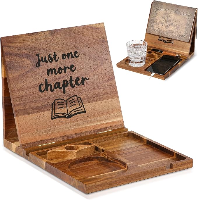 Book Holder Stand for Reading Rest Wooden Book Rest Book Nook Reading Valet | Foldable Desktop Triangle Bookstand with Book Page Holder, Cup, iPad & Phone Stand Bookshelf for Readers Bookworms Gifts