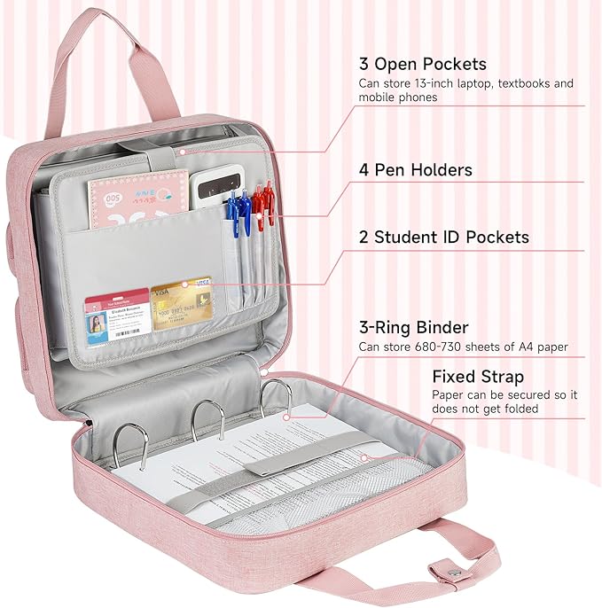 Zipper Binder 3 Ring, 700 Sheets Capacity, Binder 3 Inch with Shoulder Strap Fits 13 Inch Laptop for School and Office,Pink