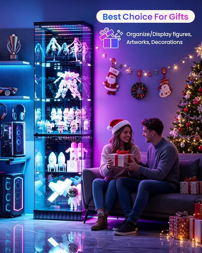 Lvifur 67''H Lockable Display Cabinet with Glass Doors & RGB Lights,Black | 5-Tier Glass Curio Display Cabinets with Motion Sensor Lights,China Cabinet with Removable Shelves,Lighted Showcase