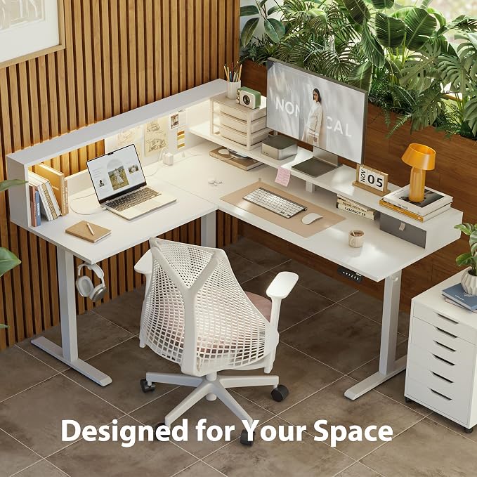 Agilestic 63 Inch L Shaped Electric Standing Desk with Led, White | Modular Storage System, Outlets&Led, Corner Desk, Ample Workspace, Memory Presets, Hooks, Stable Steel Frame,176 lbs
