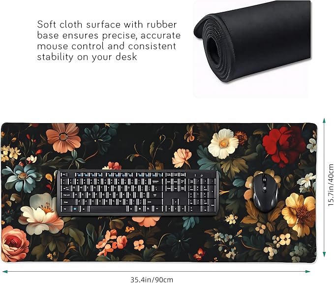 Floral Aesthetic Rose Gaming Mouse Pad, Black Dark Botanical Desk Mat with Anti-Slip Base & Stitched Edges, Office & Home Desk Decor for Women, 35.4" x 15.7" in Computer Desktop Mat