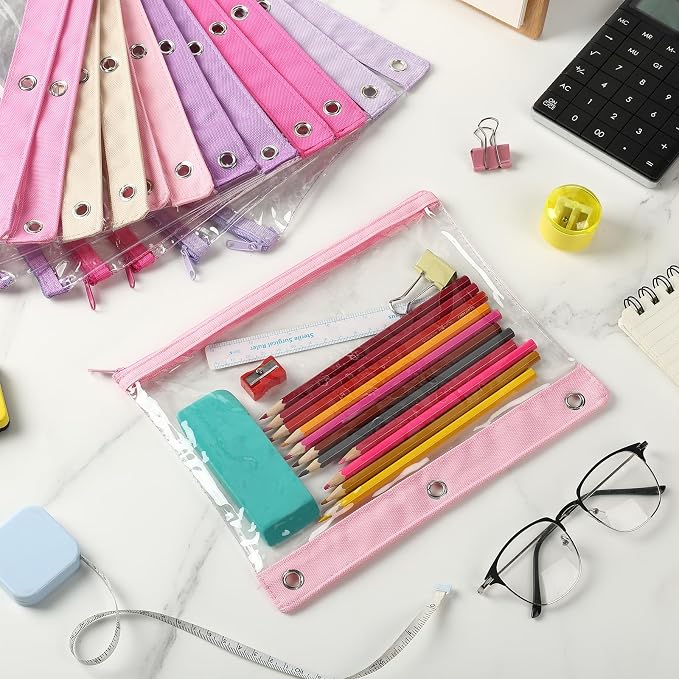 24 Pack Pencil Pouches for 3 Ring Binder Bulk Enlarge Clear Window Pencil Pouches Zipper Pen Case 3 Reinforced Grommet Pen Bag for Binder Utensil Organize Office Supplies(Pink Purple Colors)
