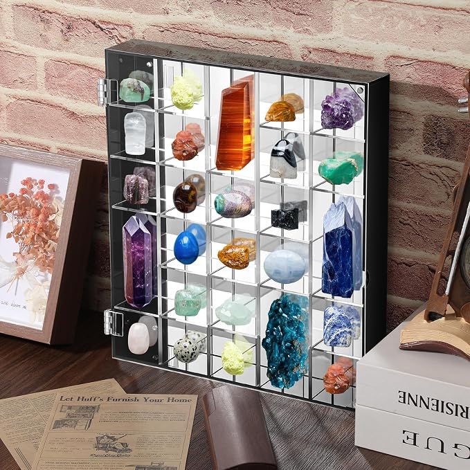 Cinnvoice Rock Display Case 30 Grids, Black Border, Square | Adjustable Acrylic Display Case, Crystal Organizer for Collectible, with Built-in Mirrored, Magnetic Door, Wall Mount