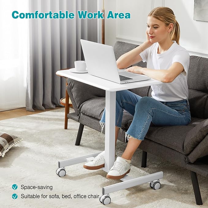 DUMOS Small Standing Desk with Wheels, Laptop Desk, 19 Inch | Portable Rolling Design, Adjustable Height Workstation, Home Office Mobile Station, White