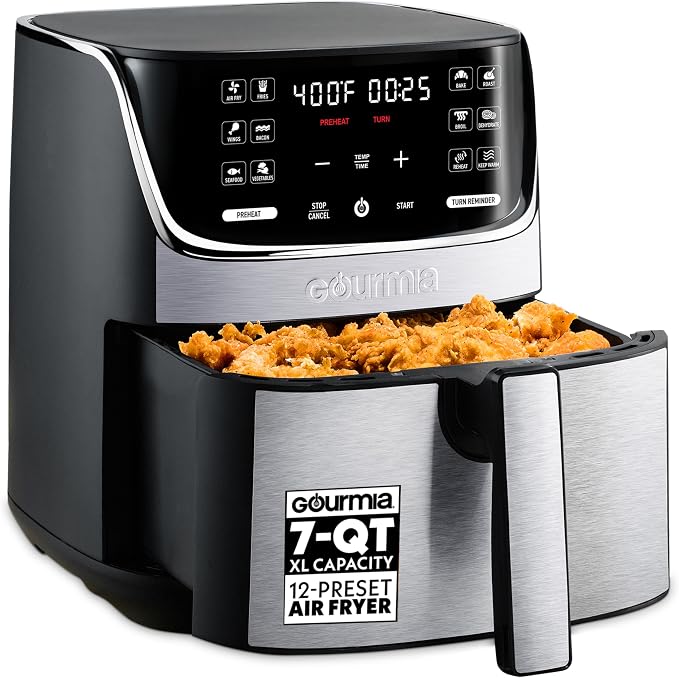Gourmia Air Fryer - 7 Qt Capacity, LED Display, 12 One-Touch Presets, FryForce 360° Technology, Nonstick Dishwasher-Safe Basket & Crisper Tray, Stainless Steel