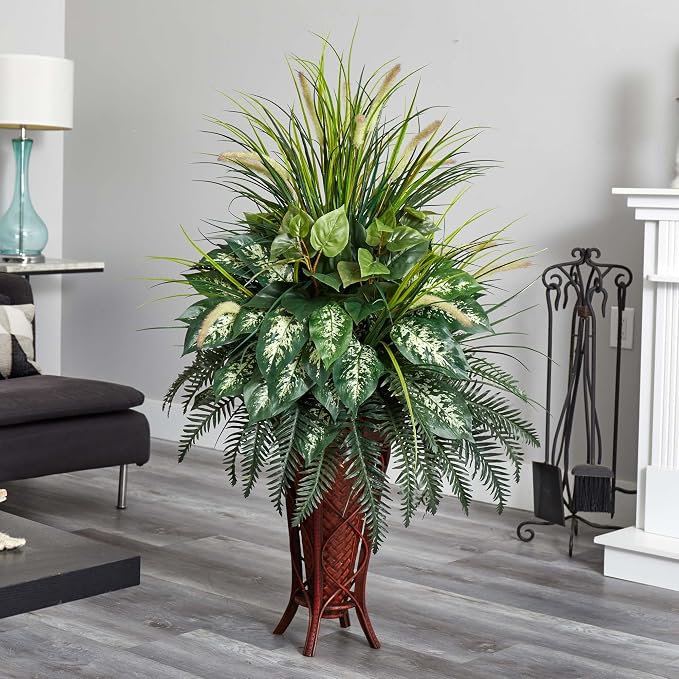 Nearly Natural 6725 Mixed Greens and Cattails Plant with Stand Planter, Green 34 x 32 x 50 | Lush Lifelike Foliage, Bamboo Stand Planter Included, Perfect Maintenance-Free Accent for Home or Office Decor